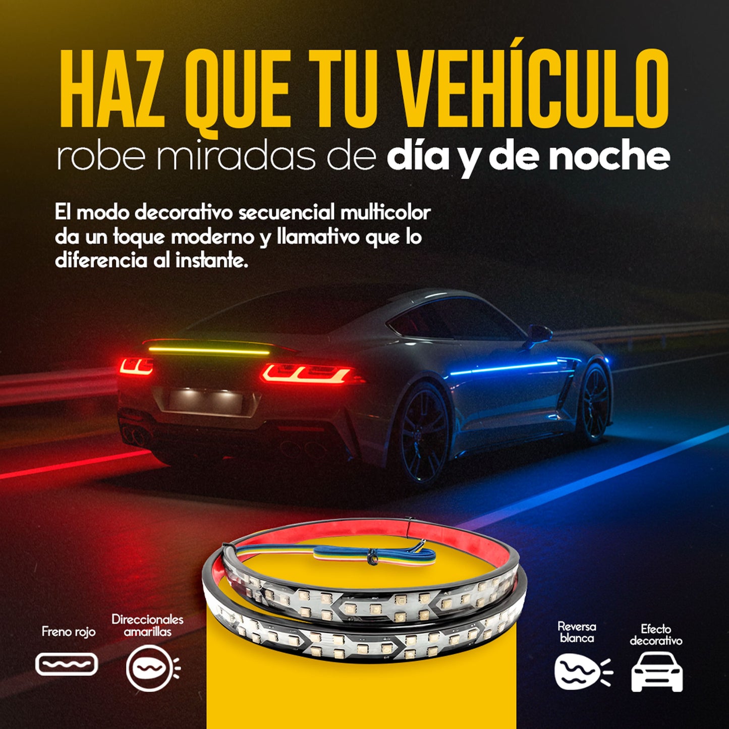 Cinta LED Multicolor SheyRacing™ — Estilo + Seguridad nocturna – 12/24 VOLTIOS